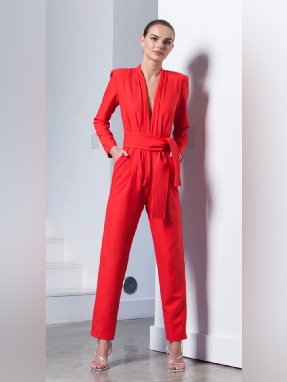 NWOT Karina Grimaldi Benjamin Jumpsuit Long Sleeve Red Coral V Neck Size Small